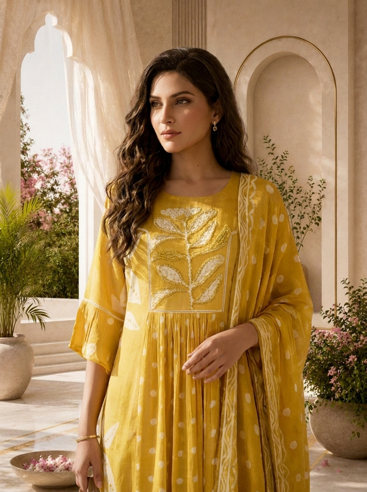 Mehadi Green Chiffon Polka Design Three Piece Set With Floral Printed Dupatta