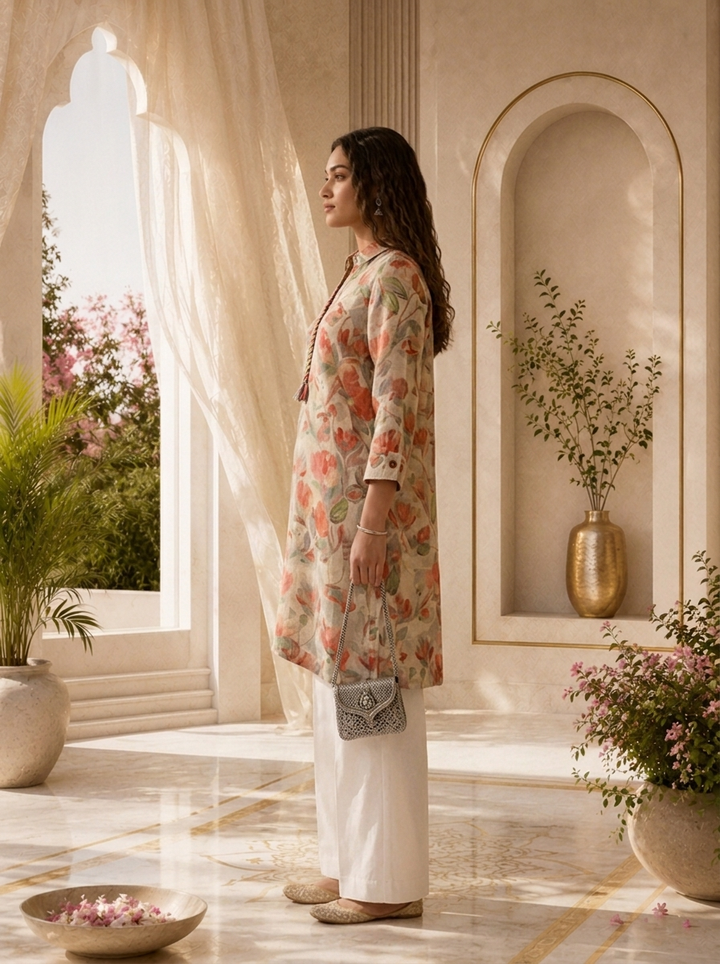 Beige Floral Printed Linen Kurti