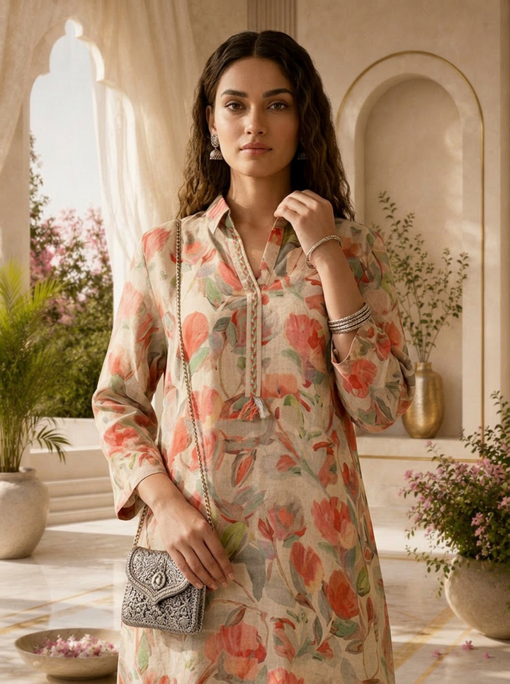 Beige Floral Printed Linen Kurti