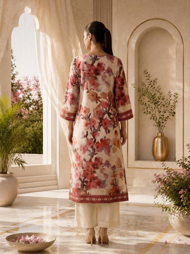 Onion Pink Hand Embroidered Rayon Kurta