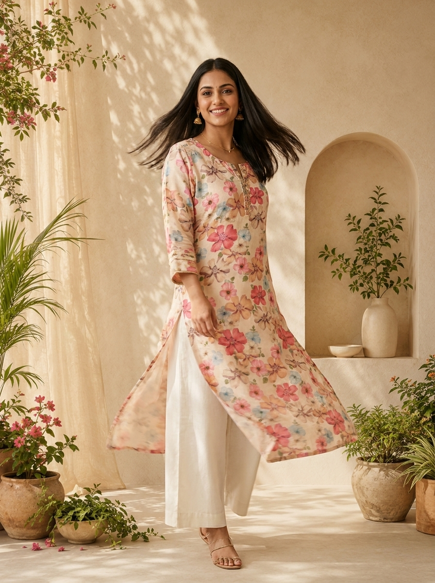 Cream Linen Floral Printed And Patch Embroidered Kurta
