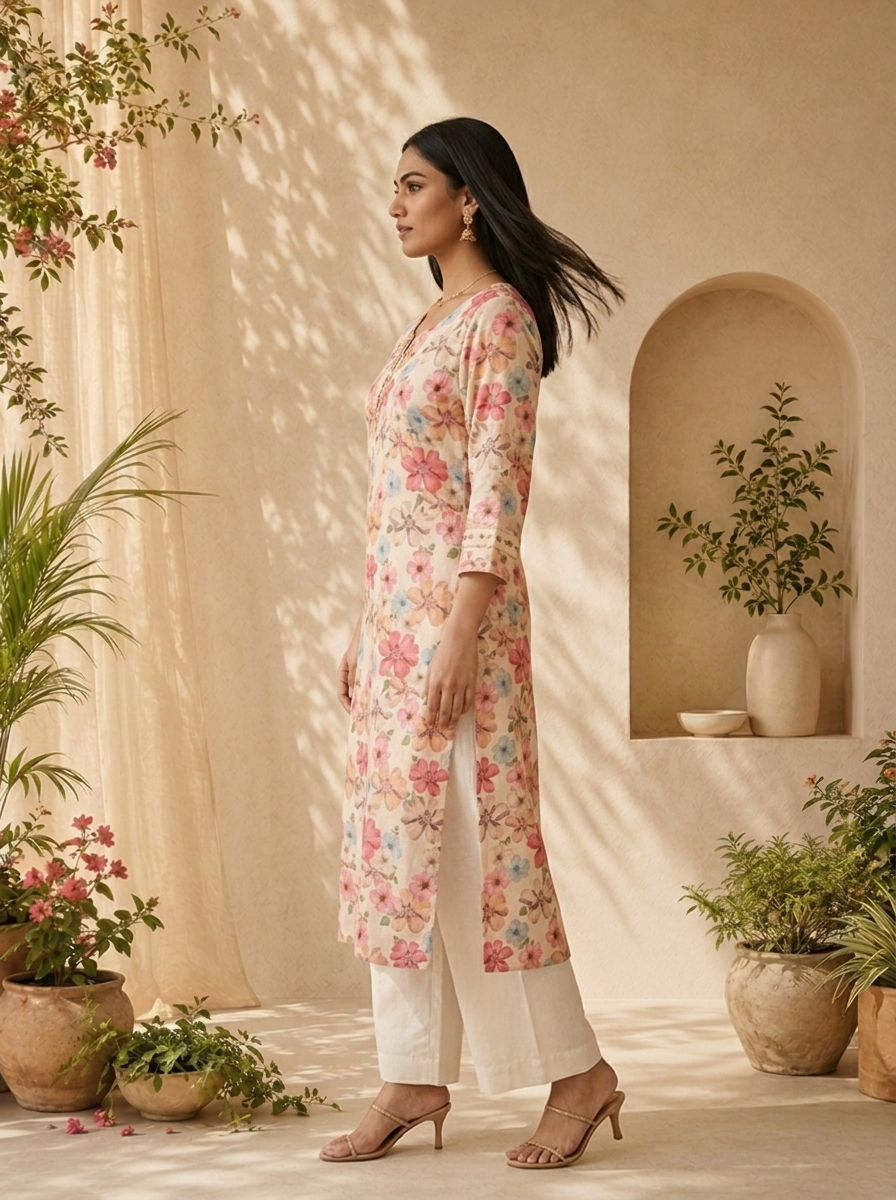 Cream Linen Floral Printed And Patch Embroidered Kurta