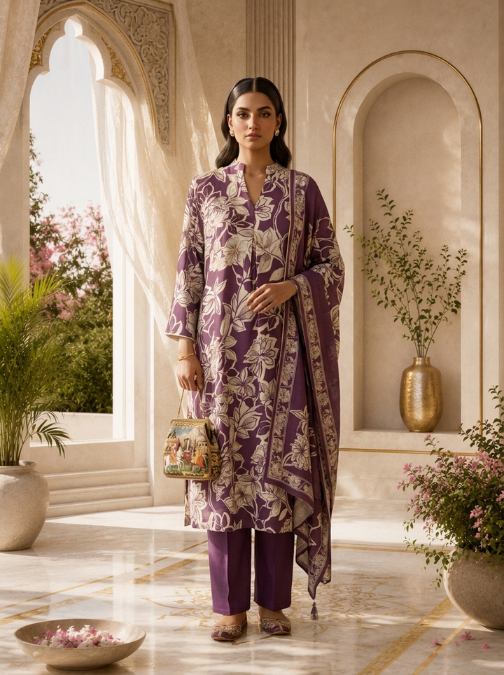 Purple Printed And Sequins Embroidery Rayon Three Piece Set