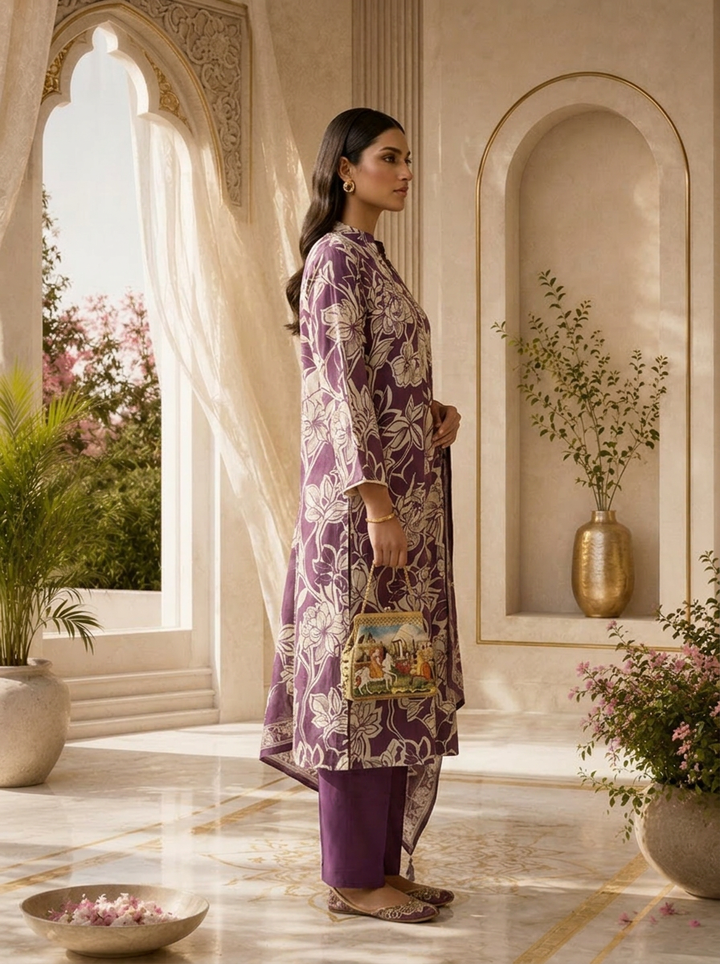 Purple Printed And Sequins Embroidery Rayon Three Piece Set