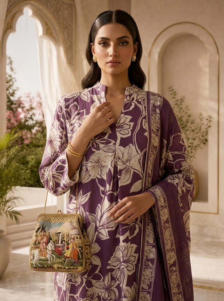 Purple Printed And Sequins Embroidery Rayon Three Piece Set
