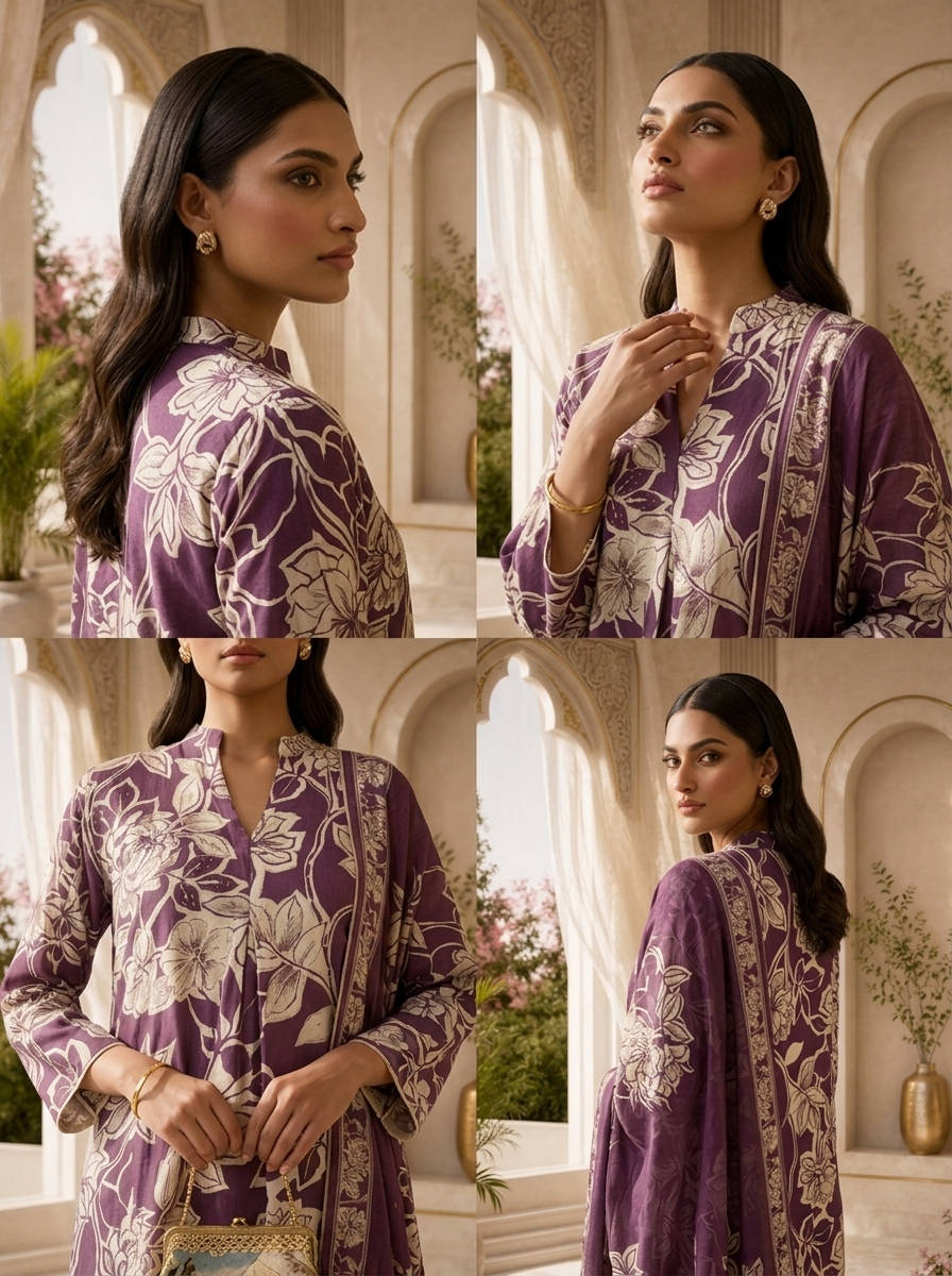 Purple Printed And Sequins Embroidery Rayon Three Piece Set