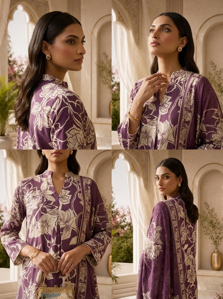 Purple Printed And Sequins Embroidery Rayon Three Piece Set