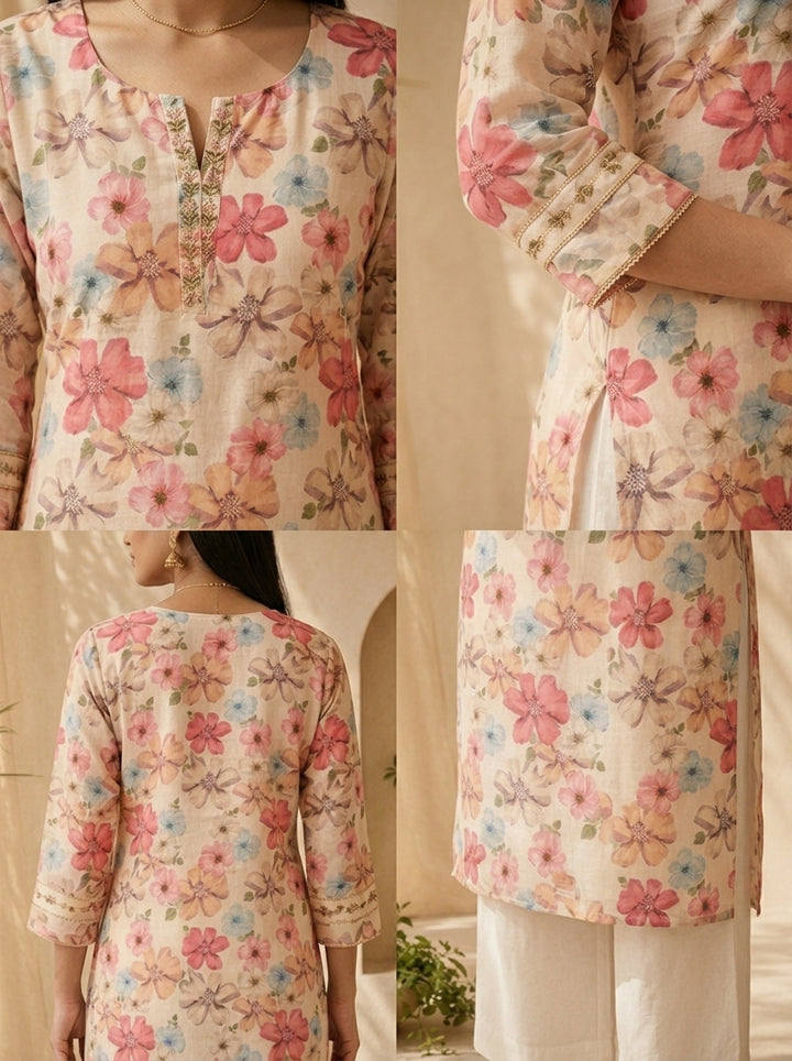 Cream Linen Floral Printed And Patch Embroidered Kurta