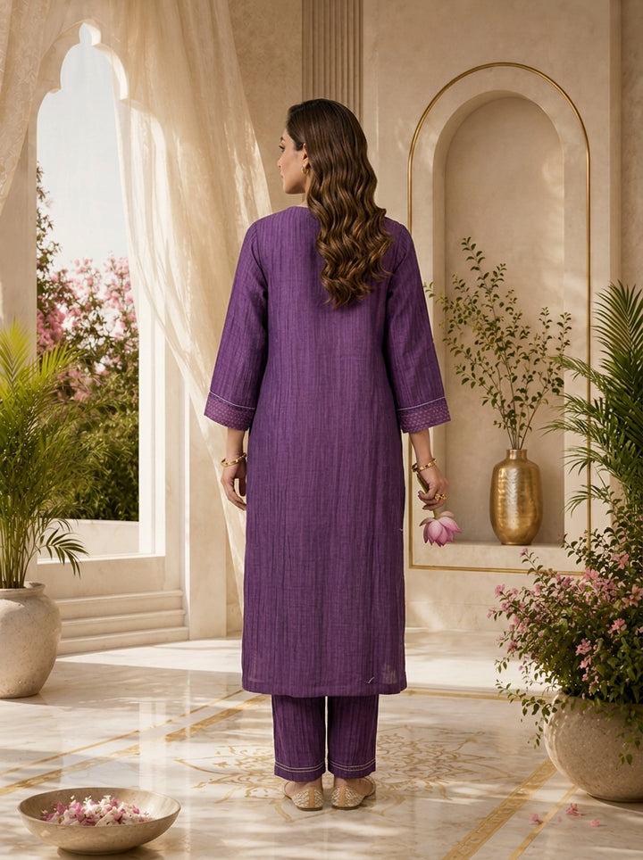 Purple Floral Thread Embroidery Linen Two Piece Set
