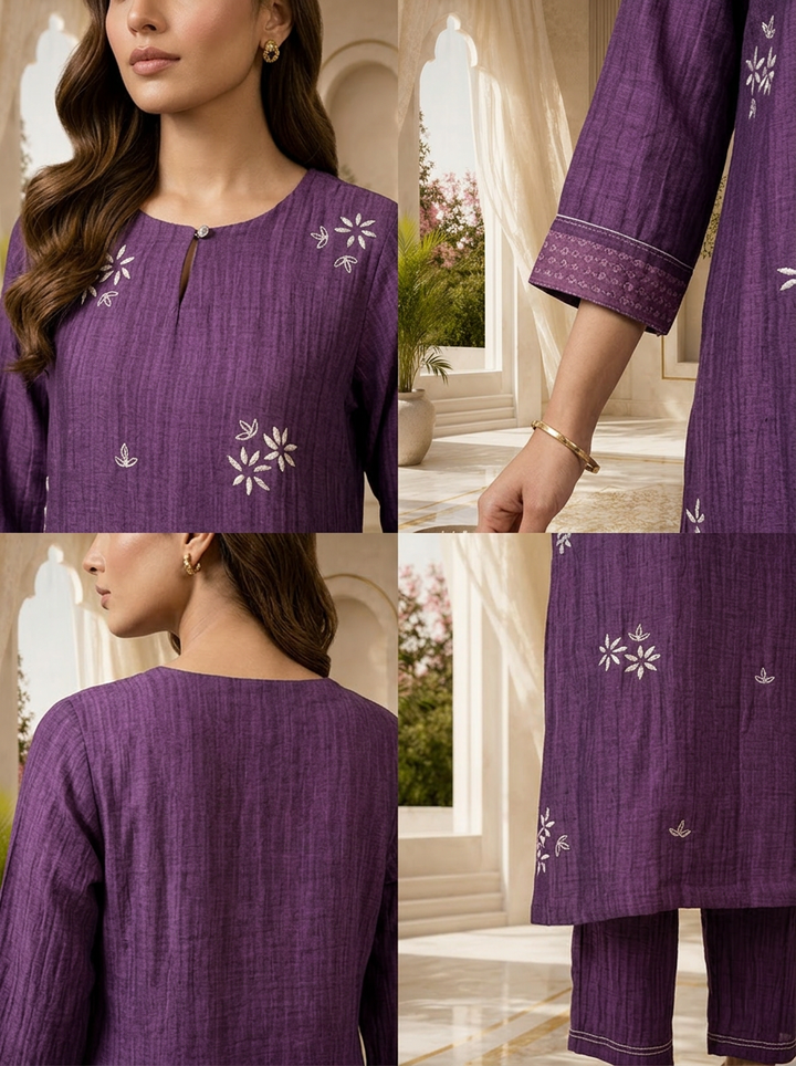 Purple Floral Thread Embroidery Linen Two Piece Set