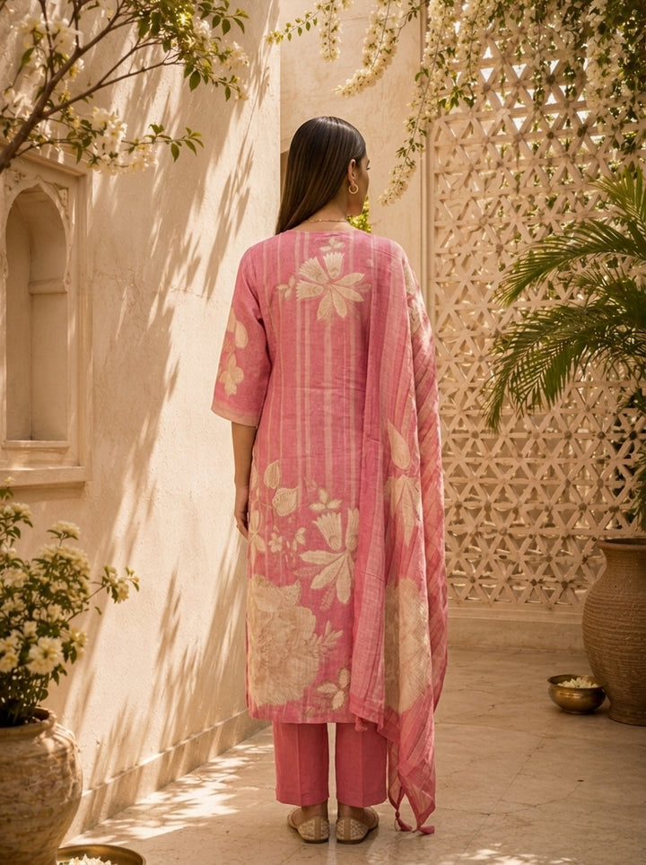Rose Pink Floral Printed And Hand Embroidery Linen Three Piece Set