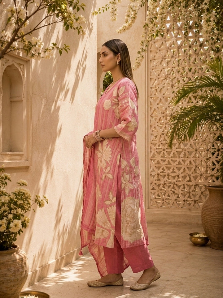 Rose Pink Floral Printed And Hand Embroidery Linen Three Piece Set