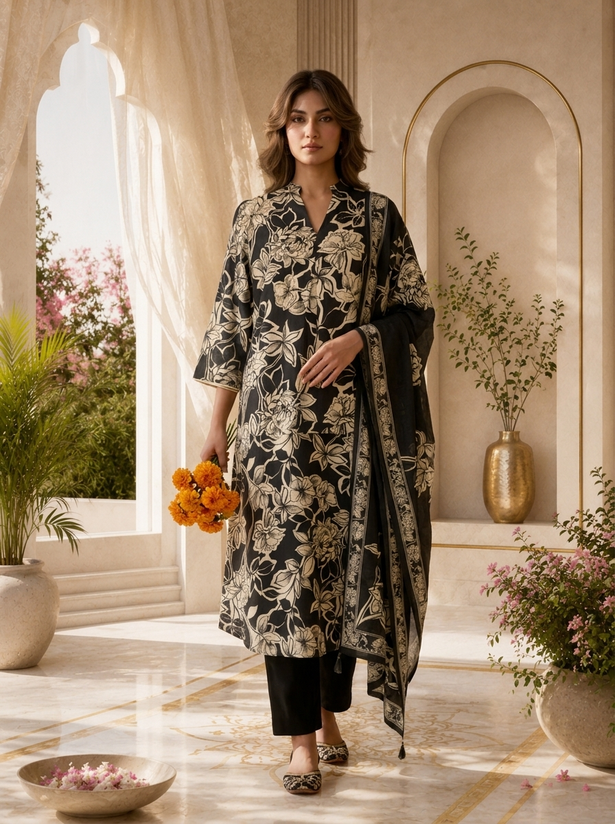 Black Printed And Sequins Embroidery Rayon Three Piece Set