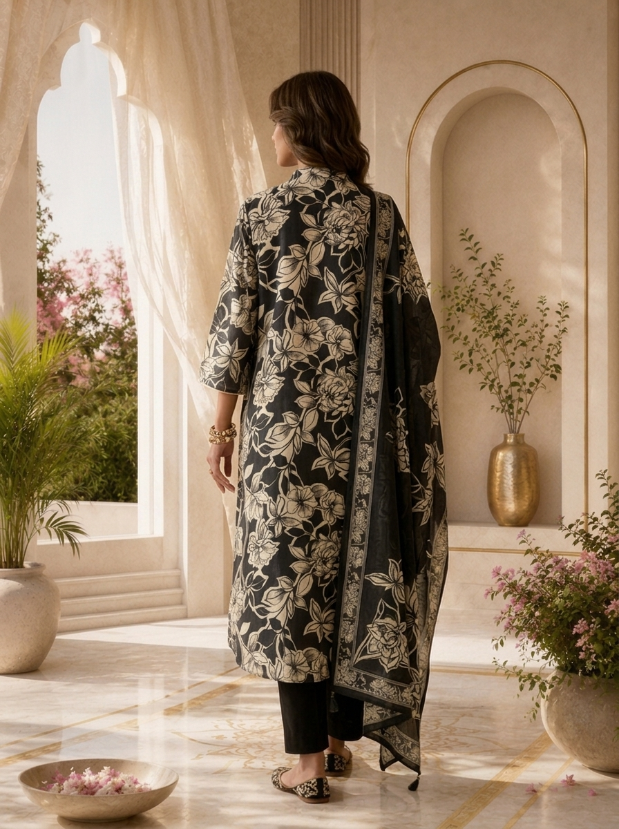 Black Printed And Sequins Embroidery Rayon Three Piece Set