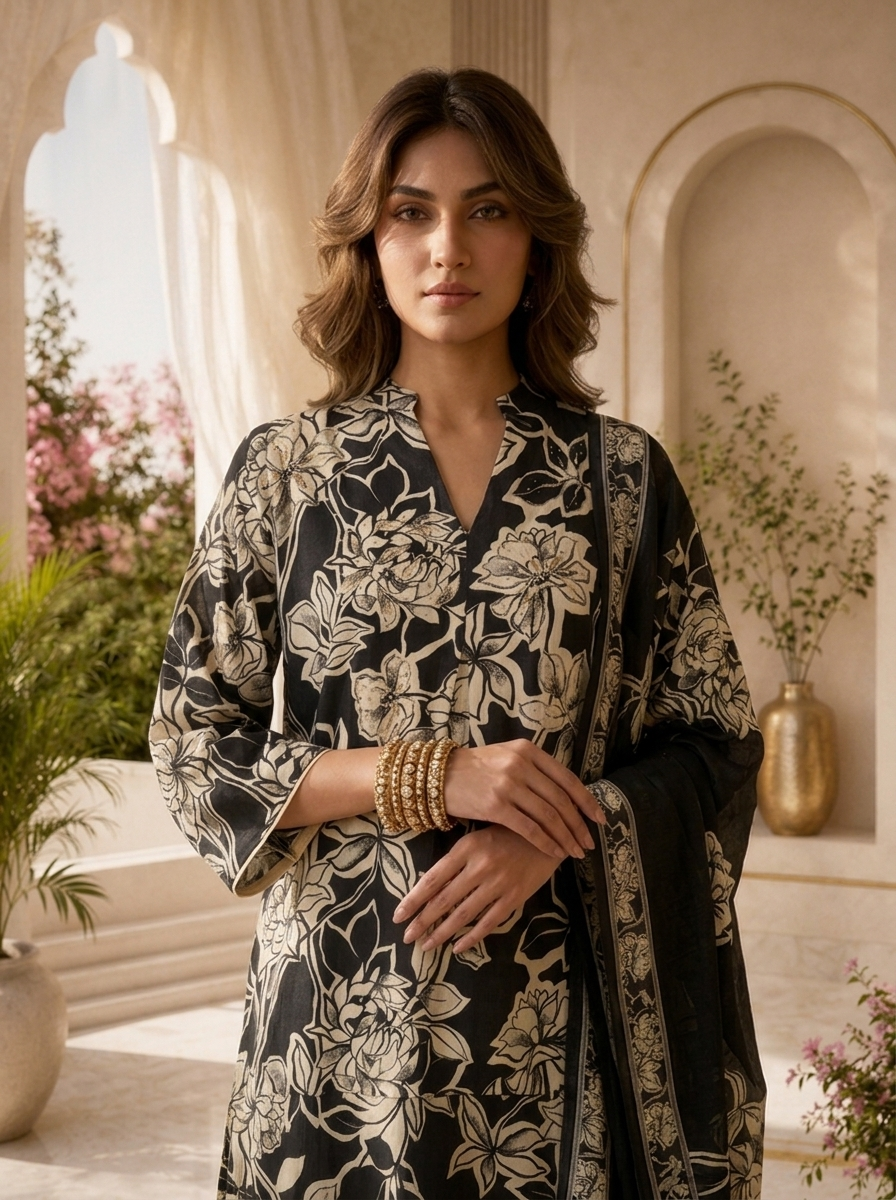 Black Printed And Sequins Embroidery Rayon Three Piece Set