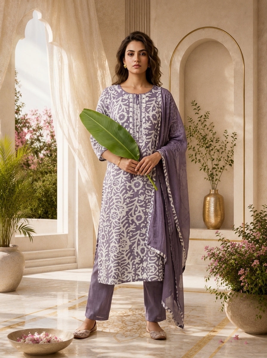 Lavender and White Chanderi Floral Printed Three Piece Set