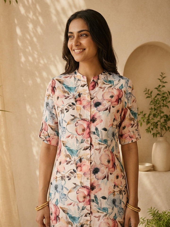 Pastel Floral Printed Linen Straight Kurta