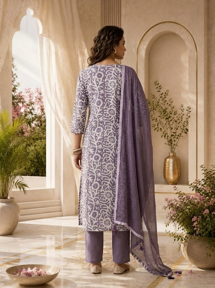Lavender and White Chanderi Floral Printed Three Piece Set
