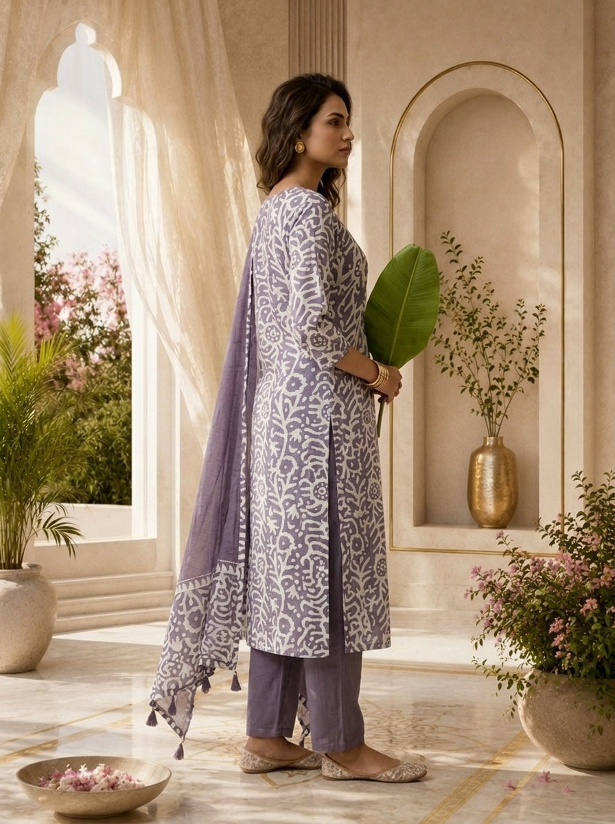 Lavender and White Chanderi Floral Printed Three Piece Set