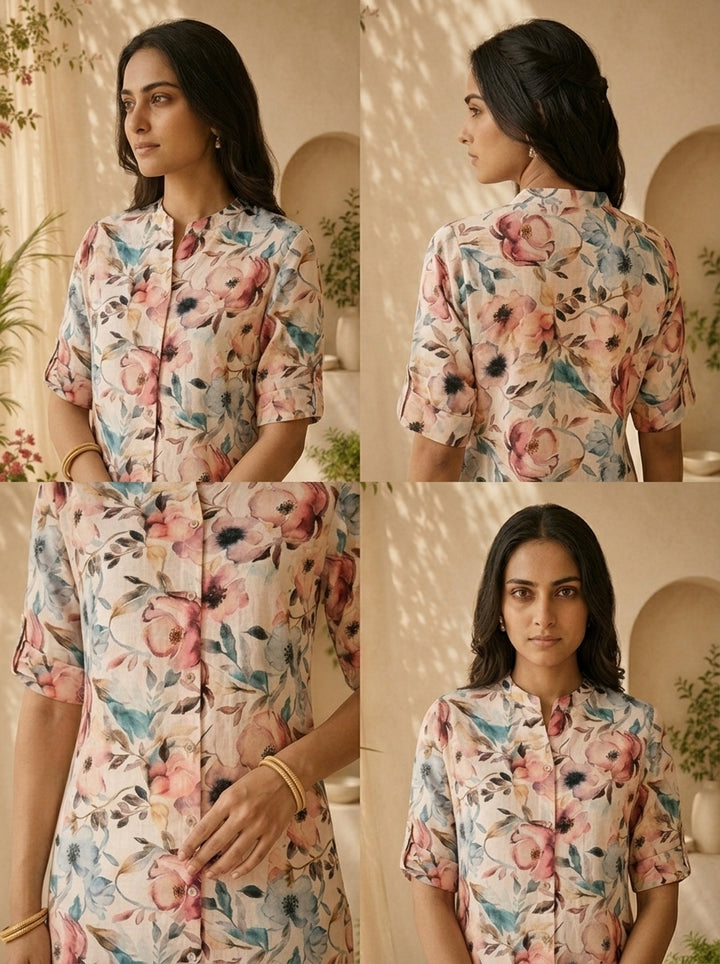 Pastel Floral Printed Linen Straight Kurta