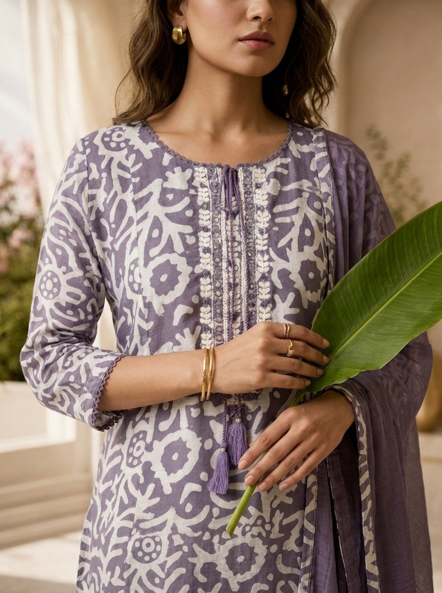 Lavender and White Chanderi Floral Printed Three Piece Set