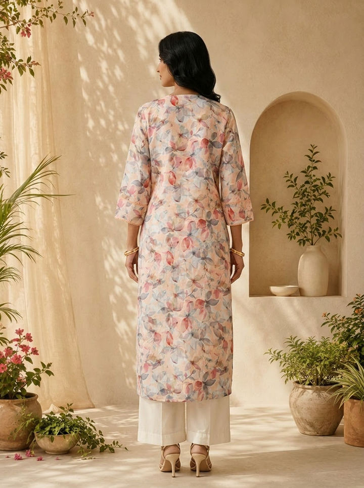 Peach Heavy Floral Printed Linen Kurta