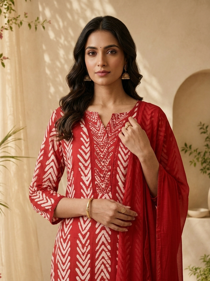 Red Chanderi Mirror And Thread Embroidery Three Piece Set