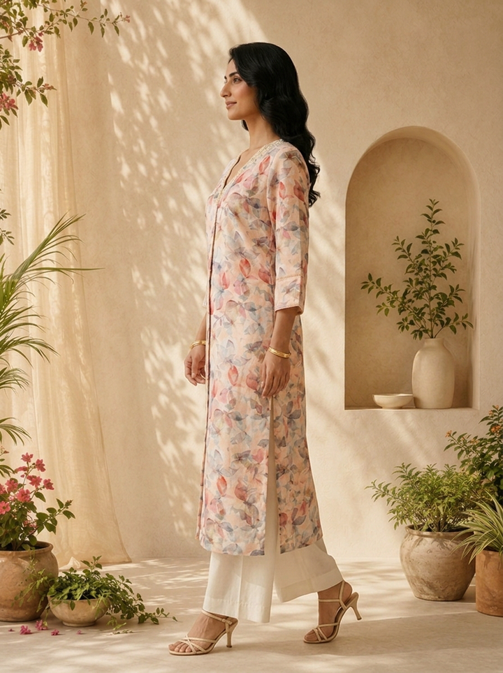 Peach Heavy Floral Printed Linen Kurta
