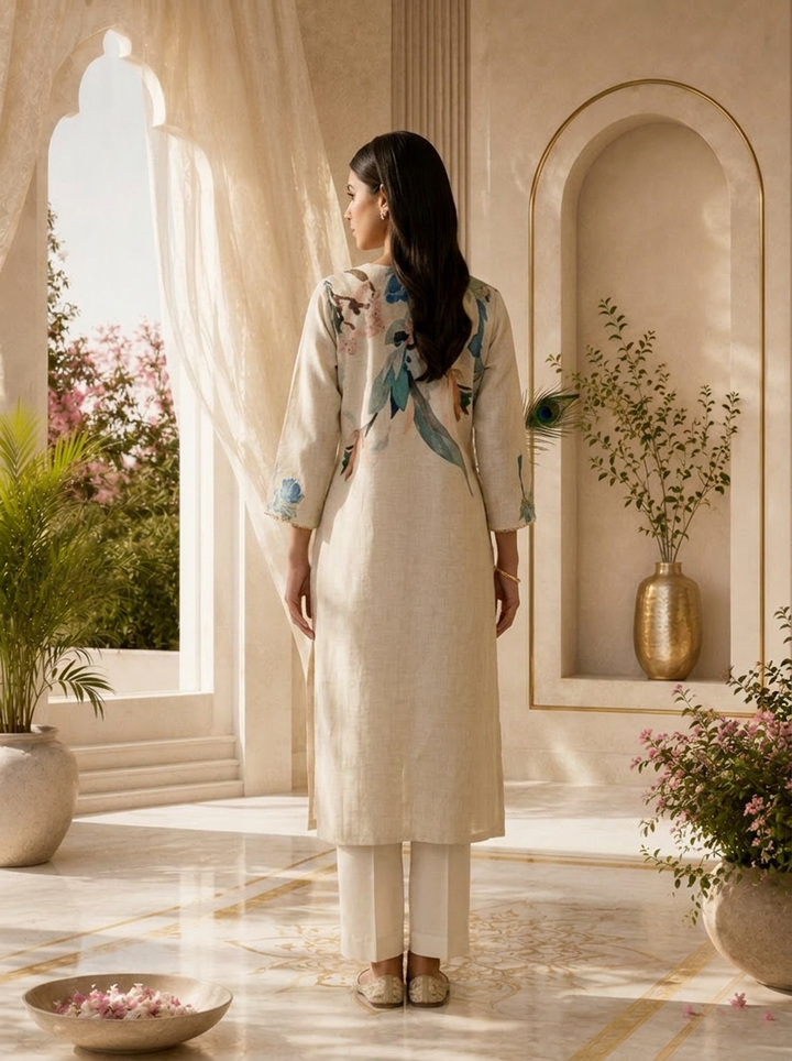 Light Beige Printed And Solid Design Linen Kurta