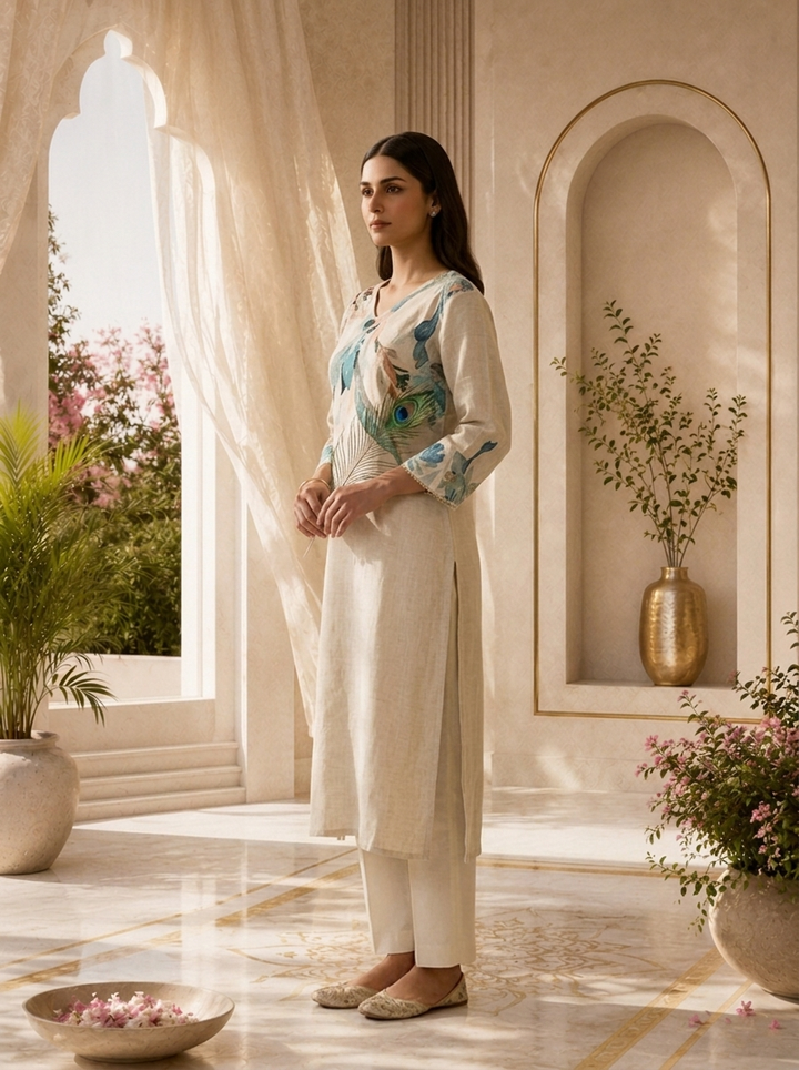 Light Beige Printed And Solid Design Linen Kurta