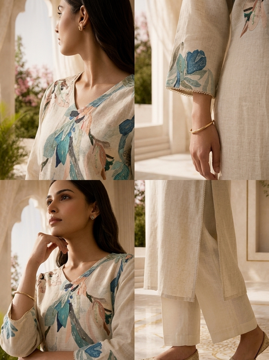 Light Beige Printed And Solid Design Linen Kurta