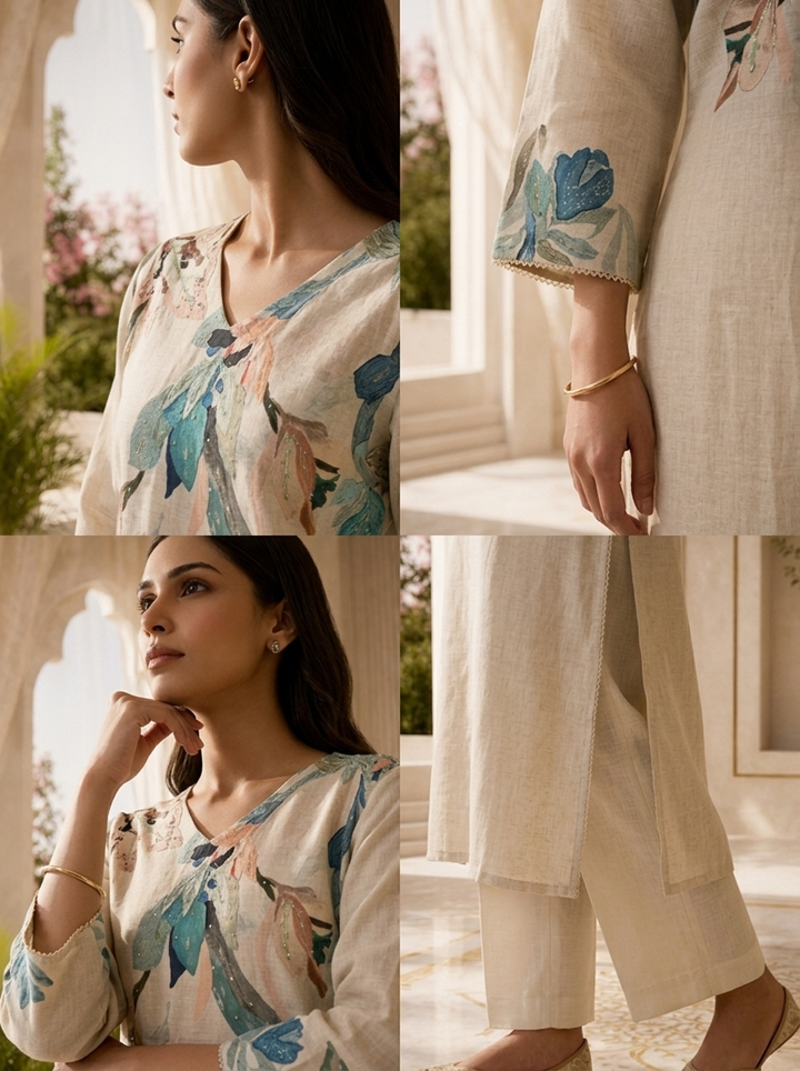 Light Beige Printed And Solid Design Linen Kurta