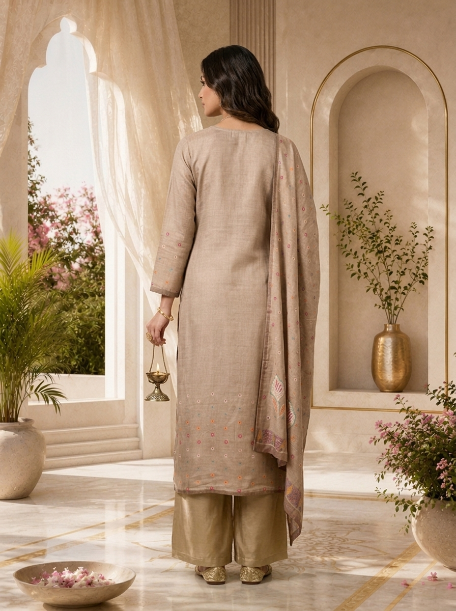 Taupe Beige Mirror Embroidered And Solid Design Three Piece Set