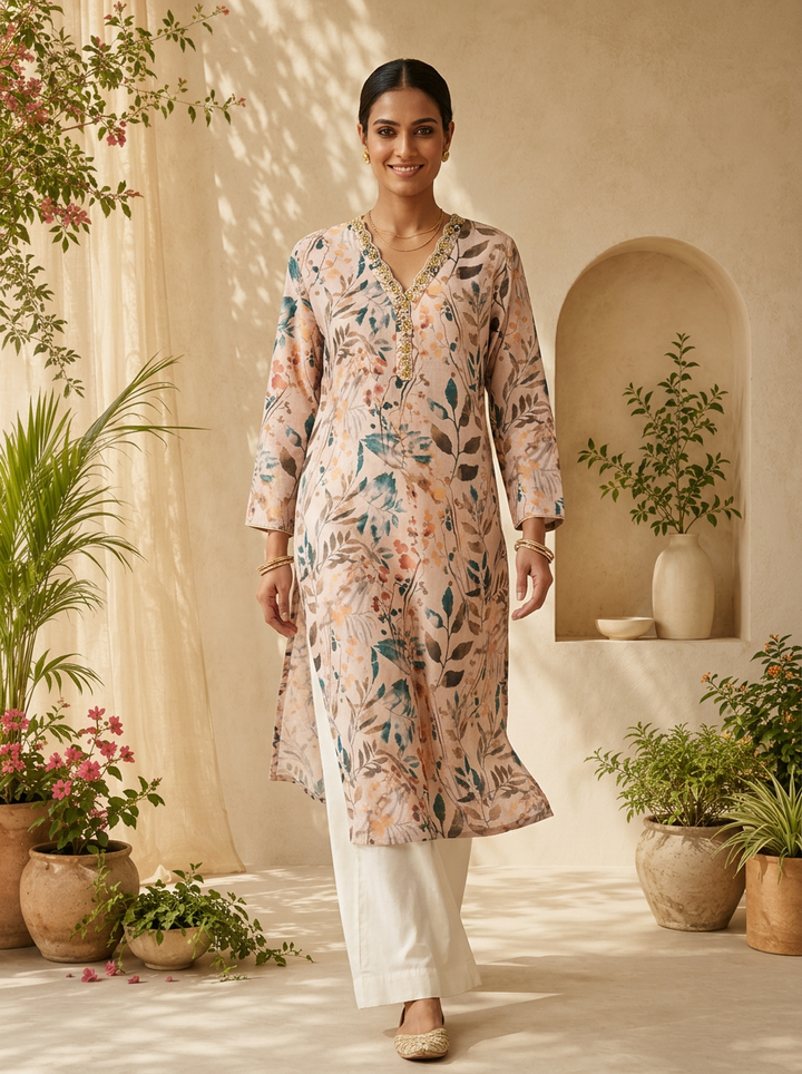 Cream Patch Embroidery And Printed Linen Kurta
