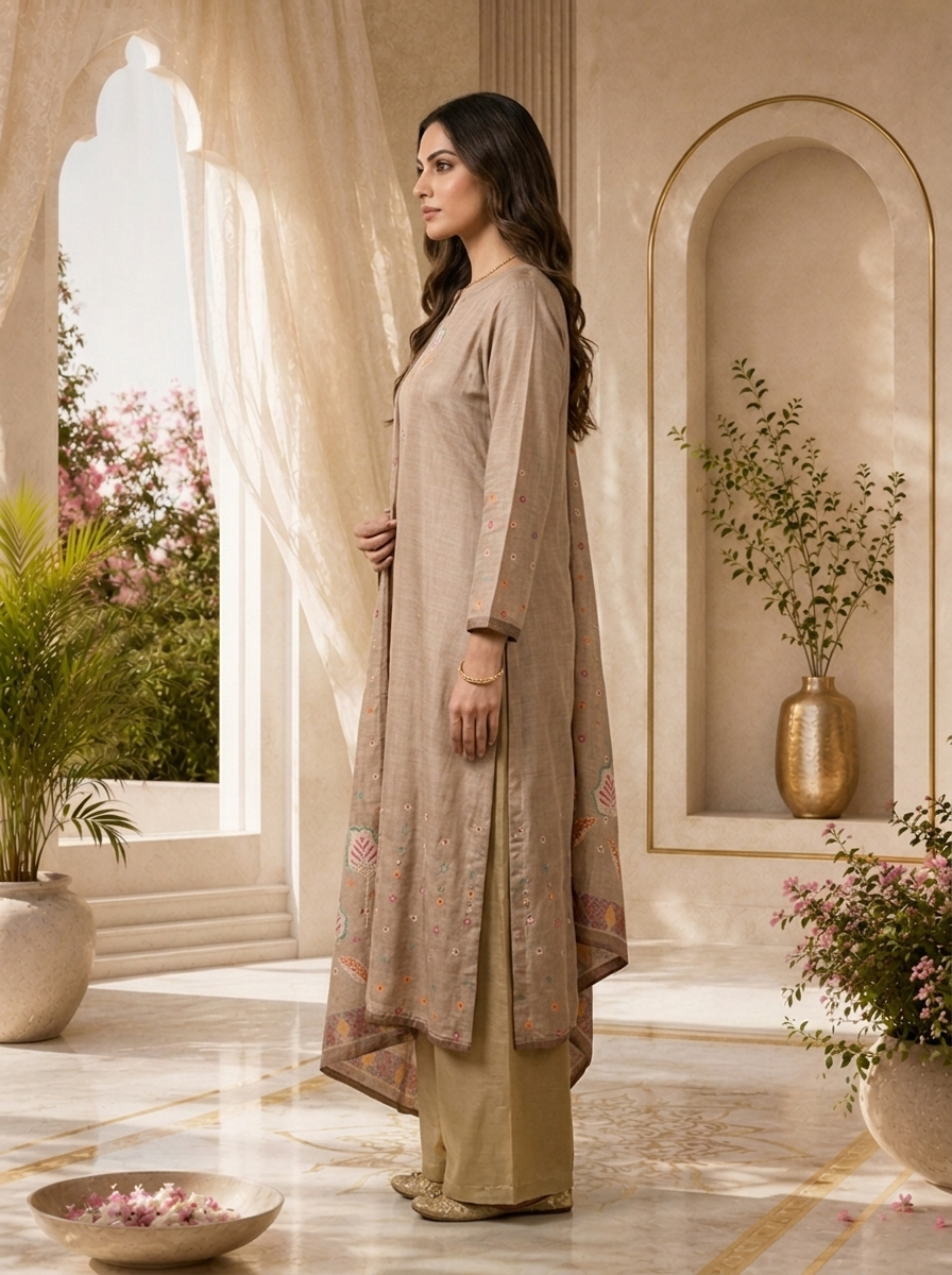 Taupe Beige Mirror Embroidered And Solid Design Three Piece Set