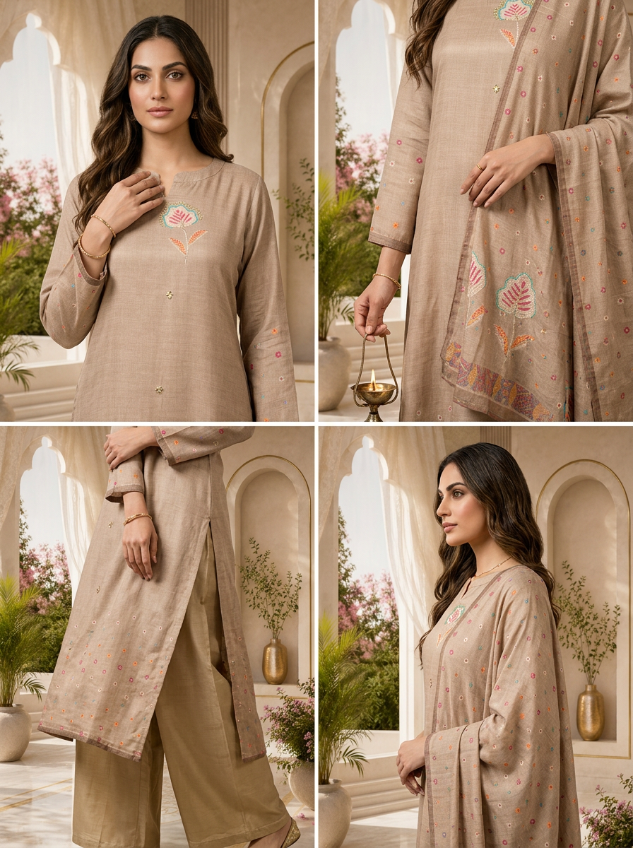 Taupe Beige Mirror Embroidered And Solid Design Three Piece Set