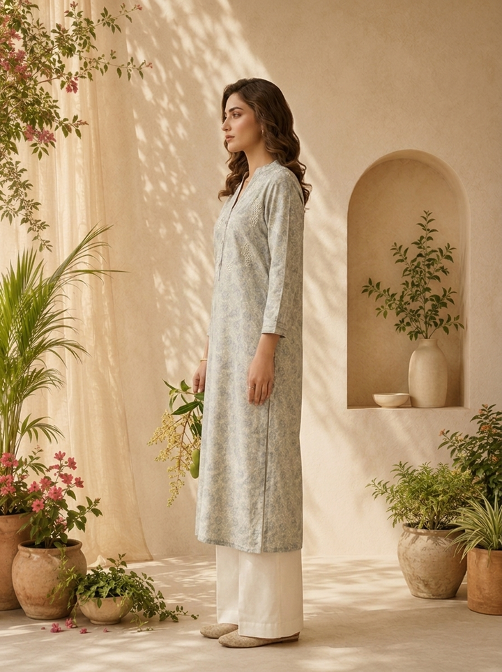 Grey Linen Beads And Patch Embroidery Kurta