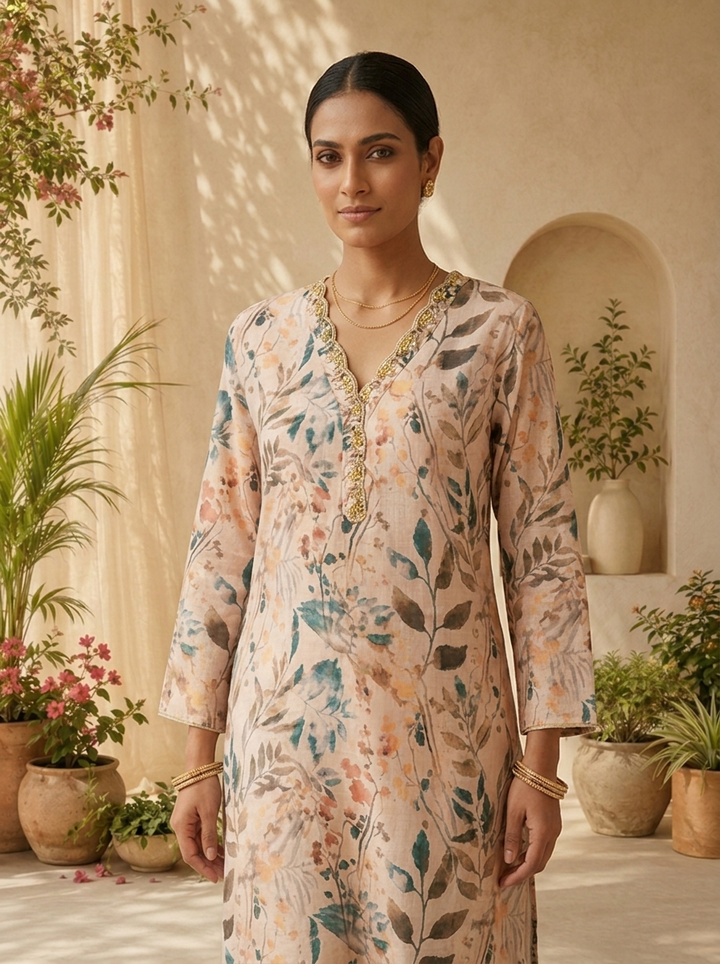 Cream Patch Embroidery And Printed Linen Kurta