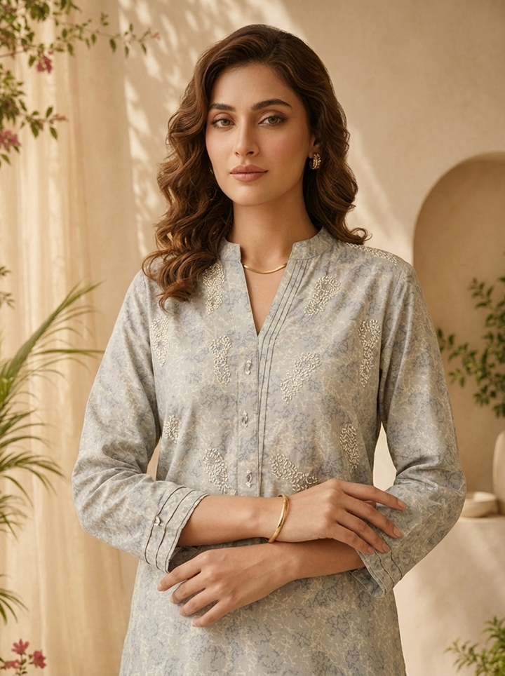 Grey Linen Beads And Patch Embroidery Kurta