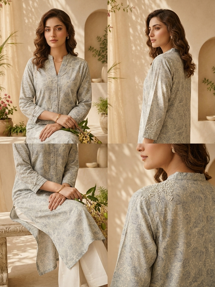 Grey Linen Beads And Patch Embroidery Kurta
