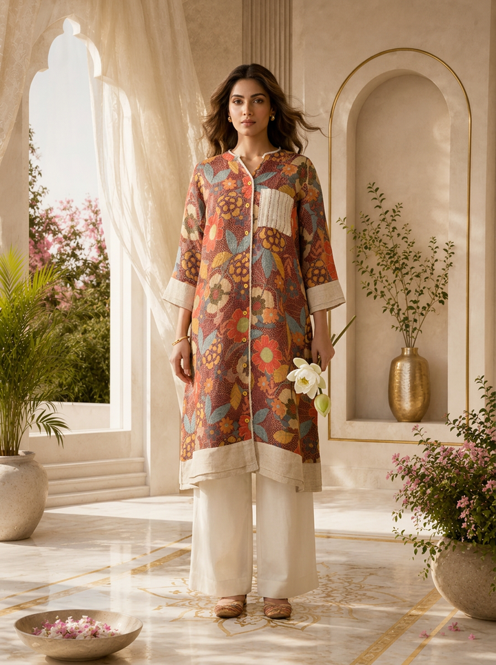 Rustic Floral Printed A-Line Linen Kurta