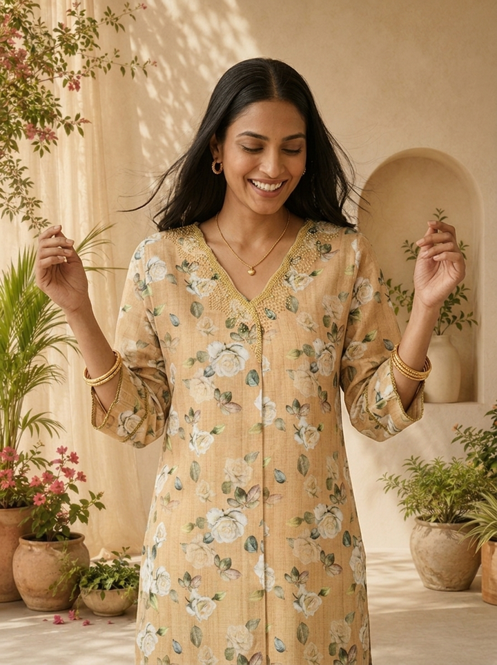 Green Heavy Floral Printed Linen Kurta