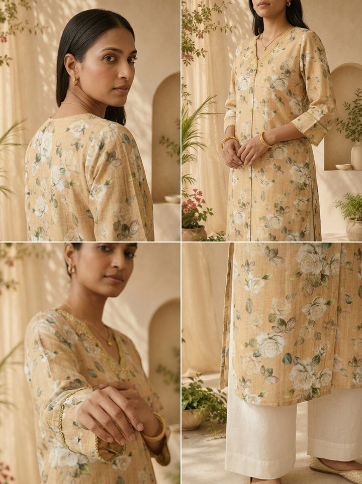Green Heavy Floral Printed Linen Kurta