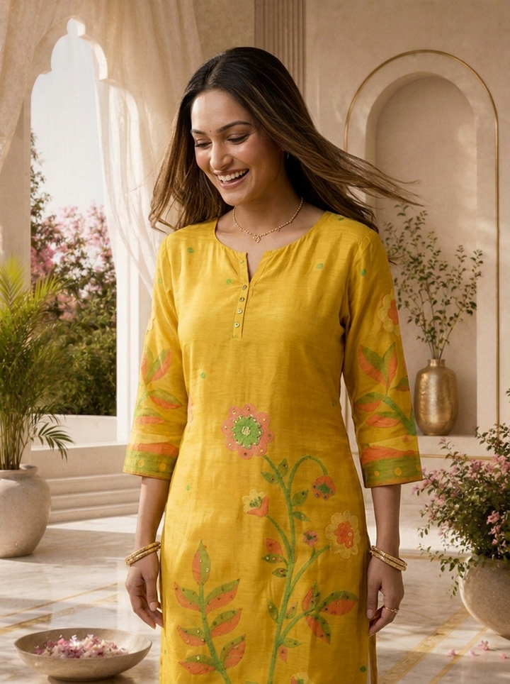 Mustard Silk Floral Digital Printed Kurta