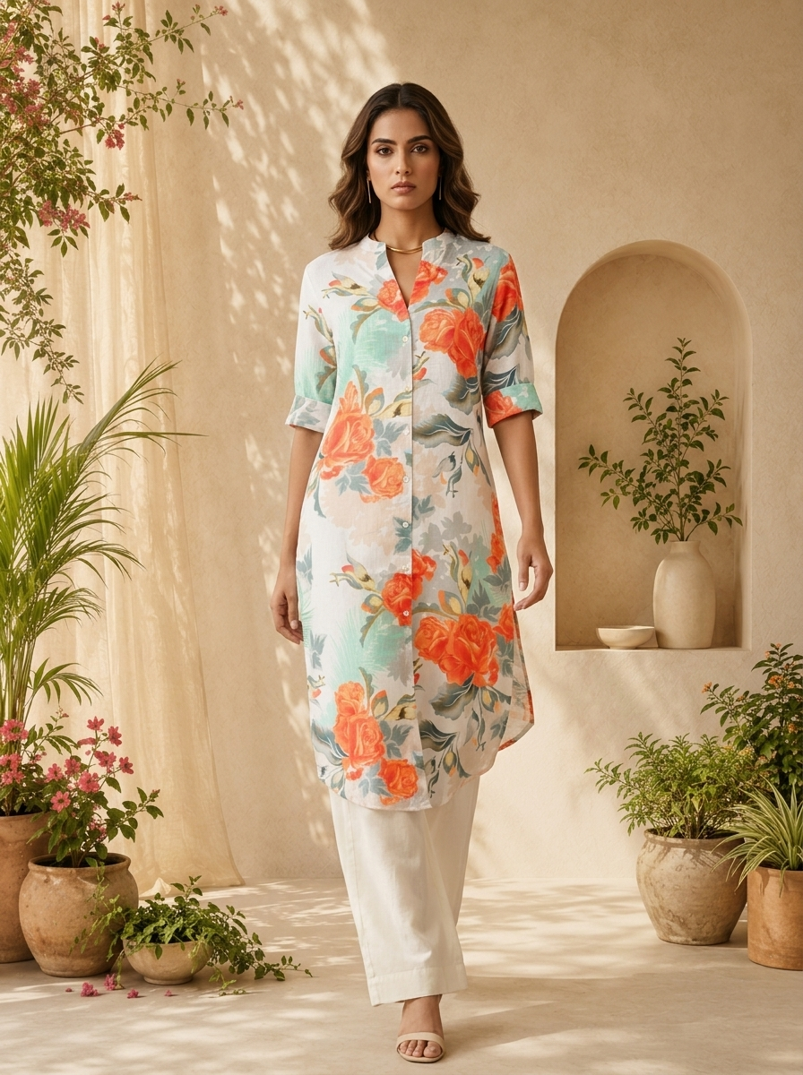 Orange Linen Floral Printed Straight Kurta