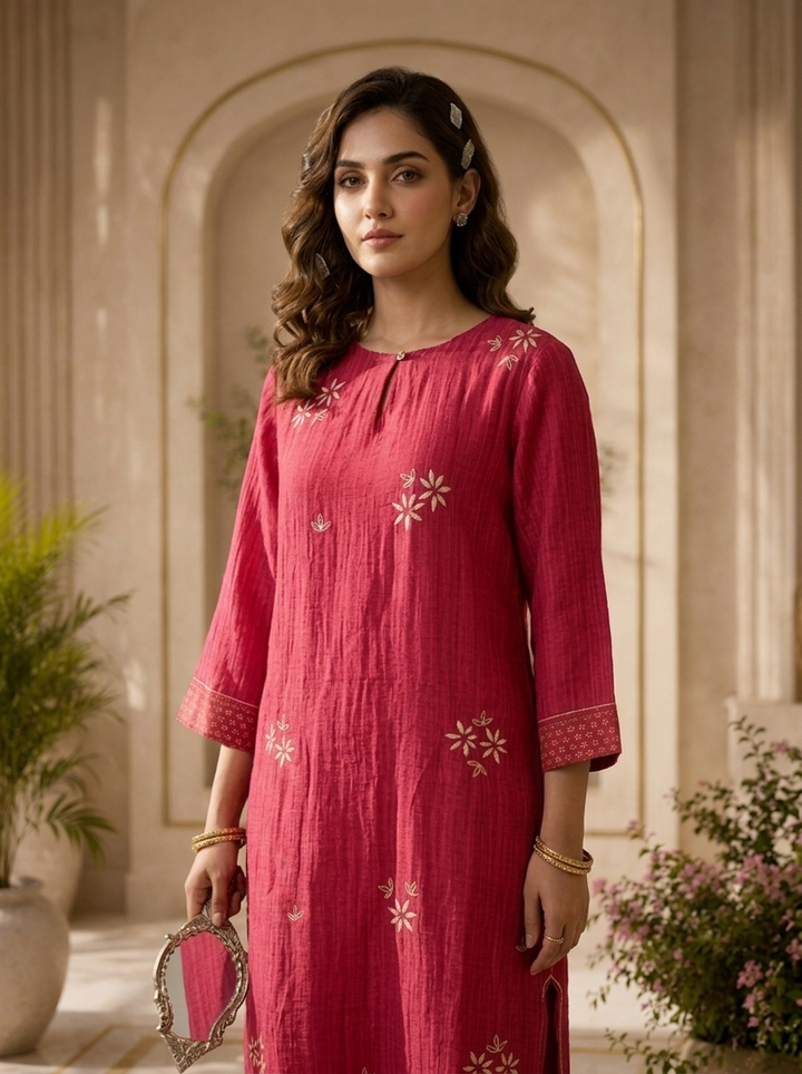 Magenta Floral Thread Embroidery Linen Two Piece Set