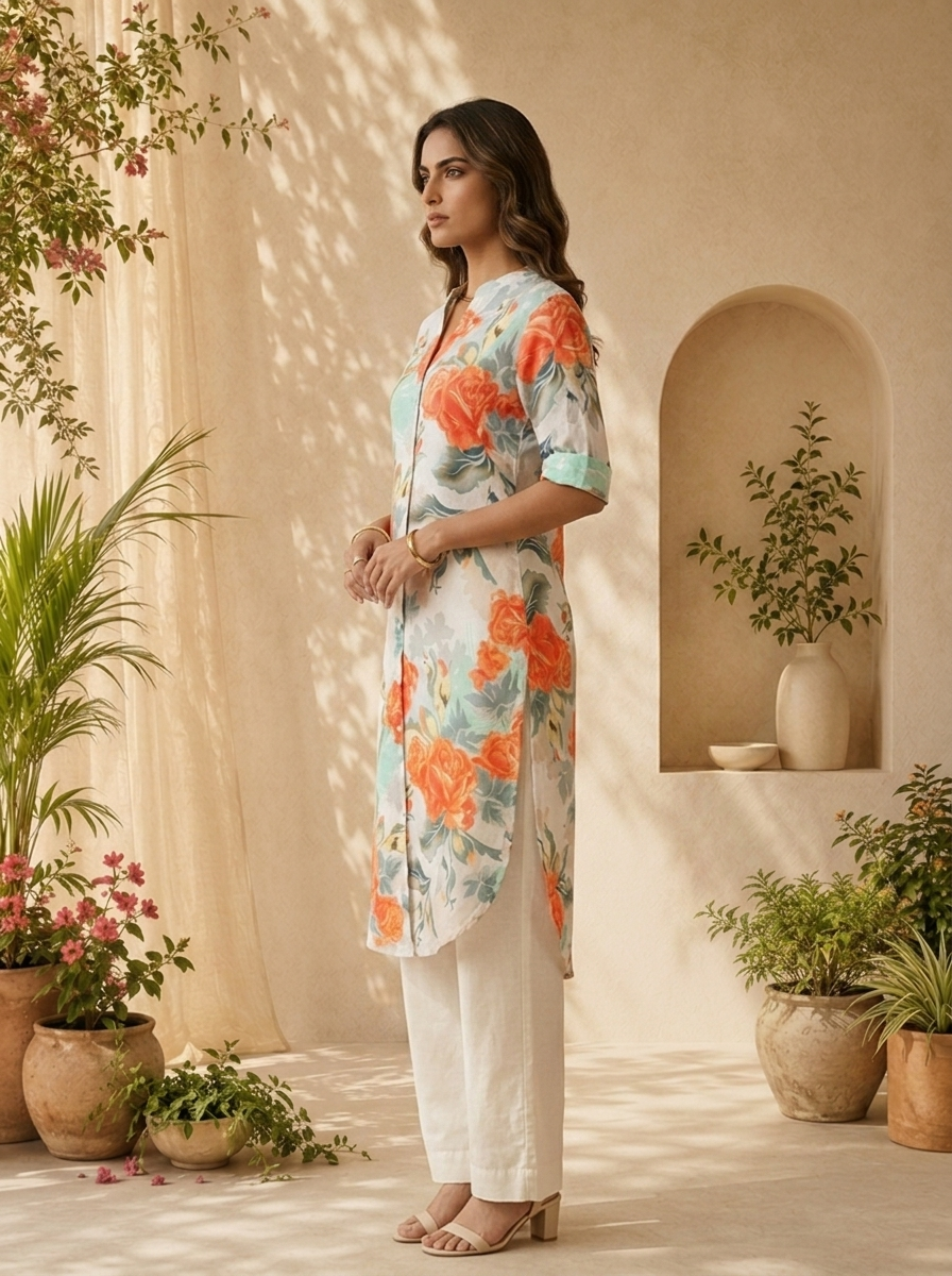 Orange Linen Floral Printed Straight Kurta