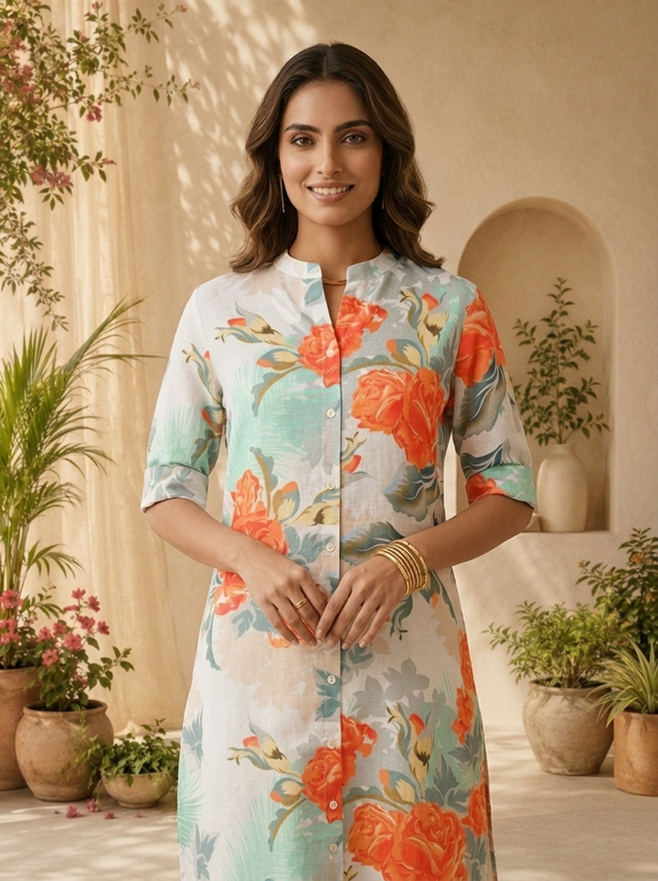 Orange Linen Floral Printed Straight Kurta