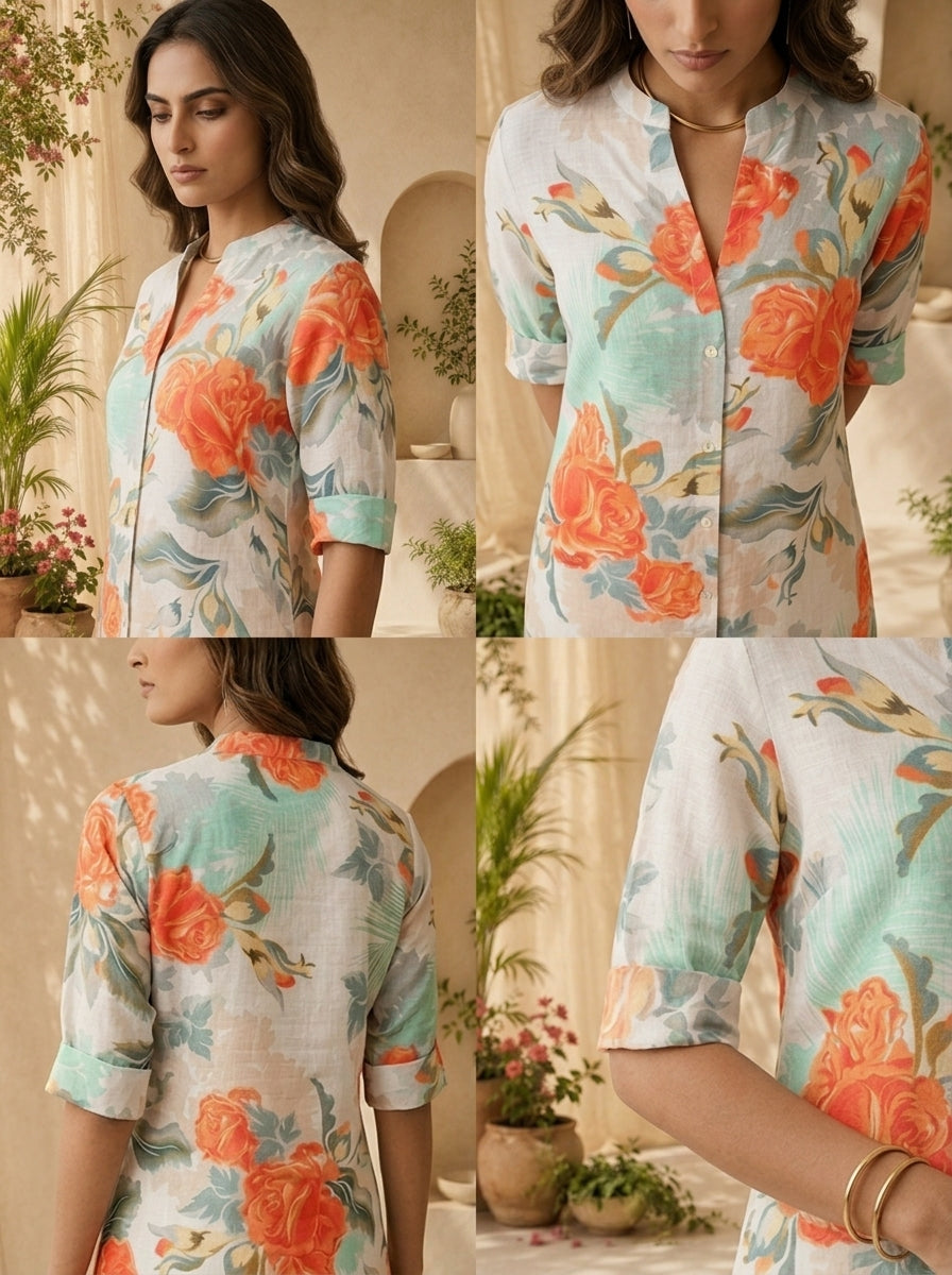 Orange Linen Floral Printed Straight Kurta