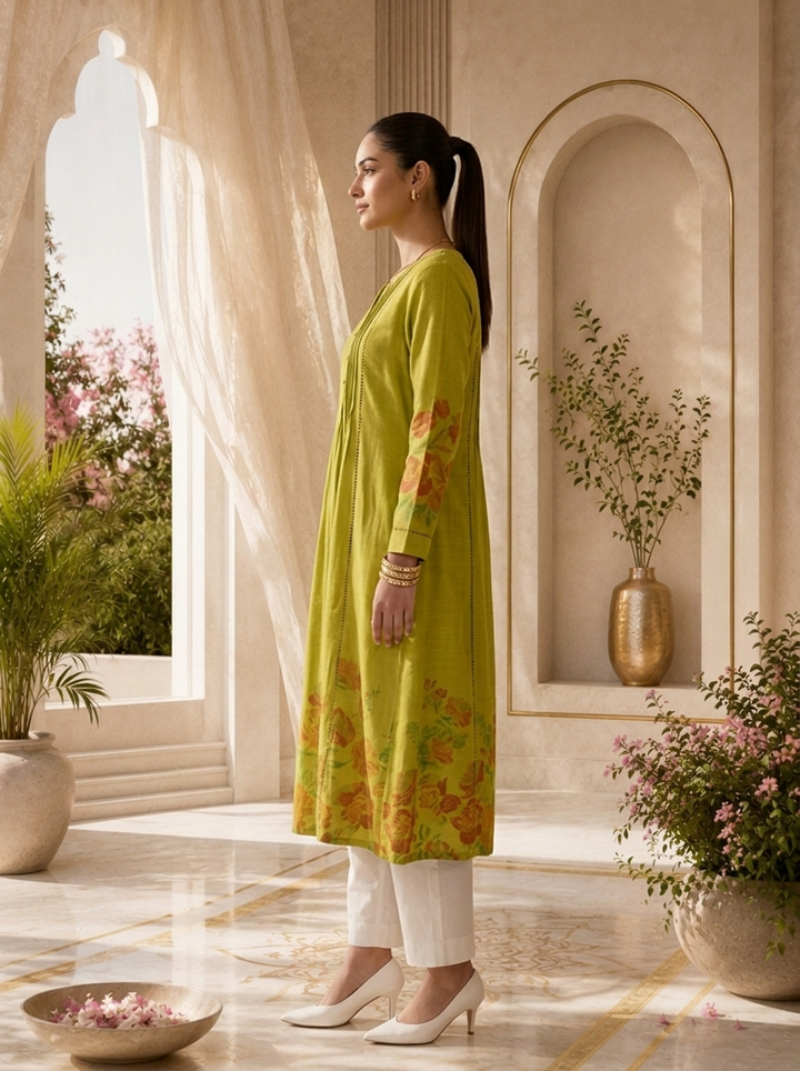 Green Rayon Pleated Design Kurta
